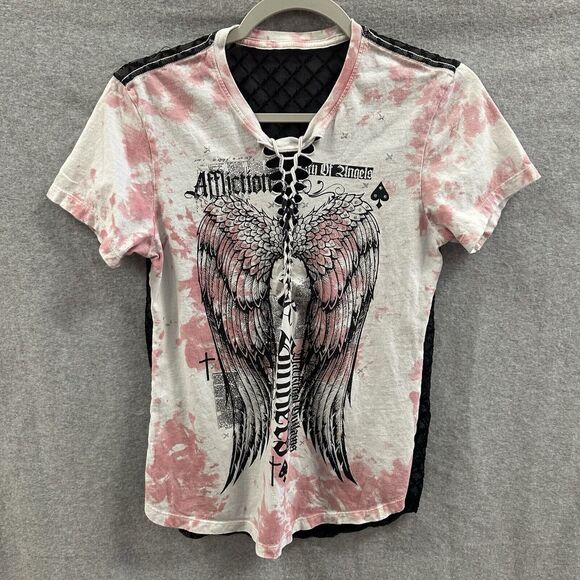 Affliction Shirt Women Medium Angel Wings Sheer Back Braided Graphic Grunge Goth - Picture 1 of 6